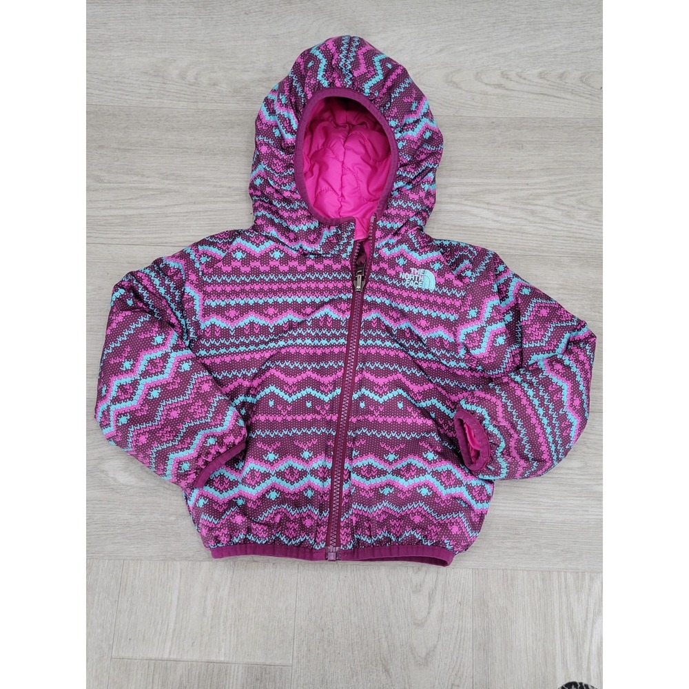 The North Face Baby Reversible Puffer Jacket 12-18M Hooded Full Zip Pink Multi